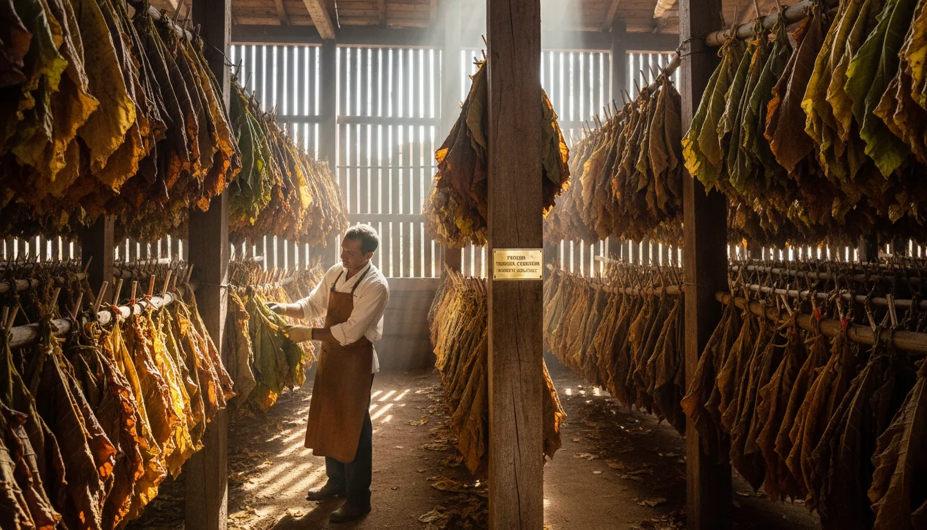 Curing barn with hanging tobacco leaves